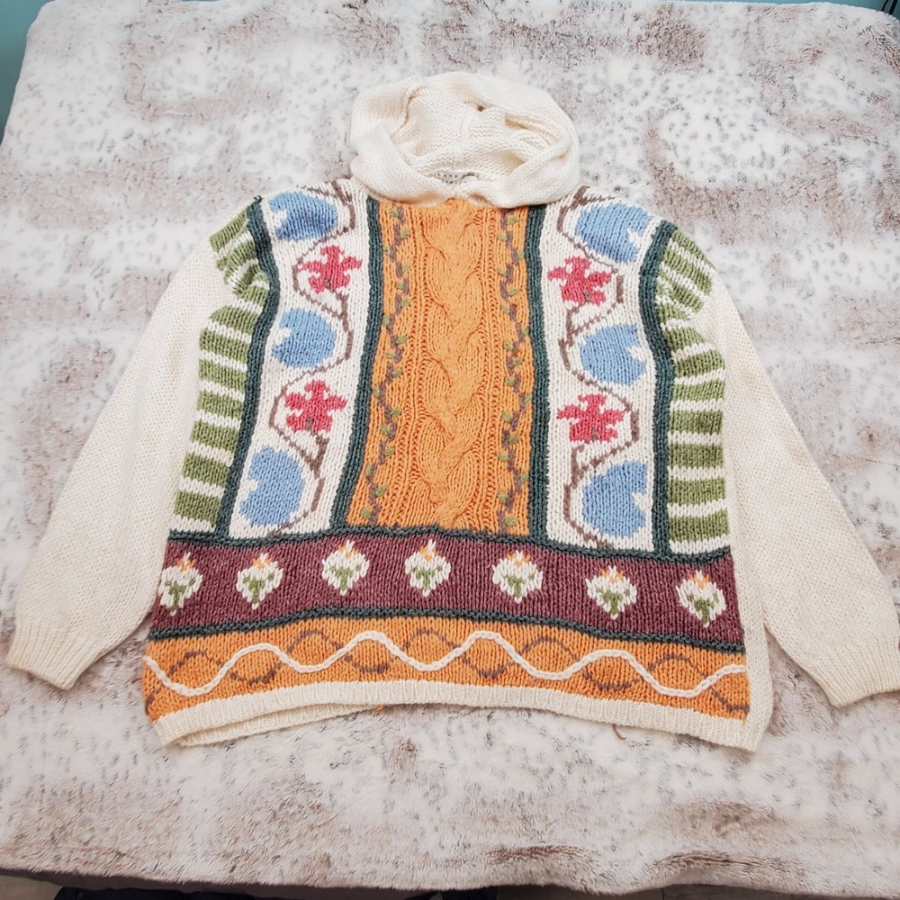 VINTAGE 90s ABSOLUTELY NO! JEANS Hooded Fall CHUNKY KNIT SWEATER Size‎ L - Read